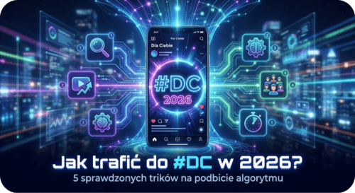 Algorytm TikTok 2026: Ikony symbolizujące SEO, czas oglądania i AI na smartfonie.