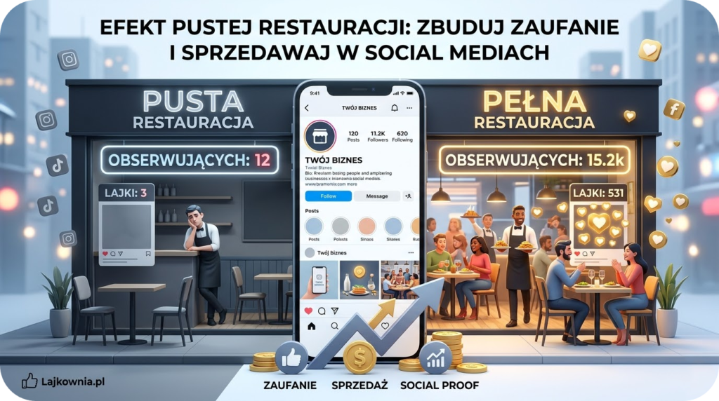 Infografika o marketingu w mediach społecznościowych, ilustrująca psychologiczny "Efekt Pustej Restauracji". Grafika porównuje dwa profile: "PUSTA RESTAURACJA" z niskim zaangażowaniem (12 followersów, 3 lajki) i zimną atmosferą, oraz "PEŁNA RESTAURACJA" z wysokim social proof (15.2k followersów, 531 lajków) i ciepłą atmosferą zadowolonych gości. Pośrodku telefon z napisami "ZAUFANIE", "SPRZEDAŻ", "SOCIAL PROOF", monetami i wykresem wzrostu. Floating ikony Instagrama, TikToka i Facebooka. Logo Lajkownia.pl.