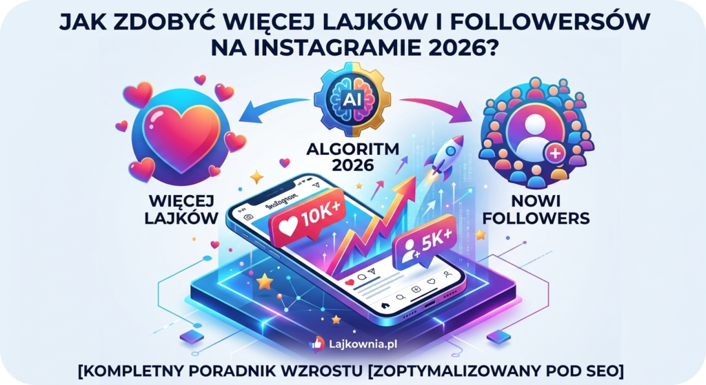 Nowoczesna infografika 3D pokazująca jak zdobyć więcej lajków i followersów na Instagramie 2026, z rosnącym wykresem na smartfonie i ikoną algorytmu AI.