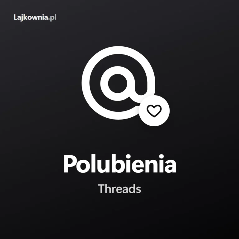 Logo Threads z sercem i napisem „Polubienia Threads” – polubienia wątku na Threads